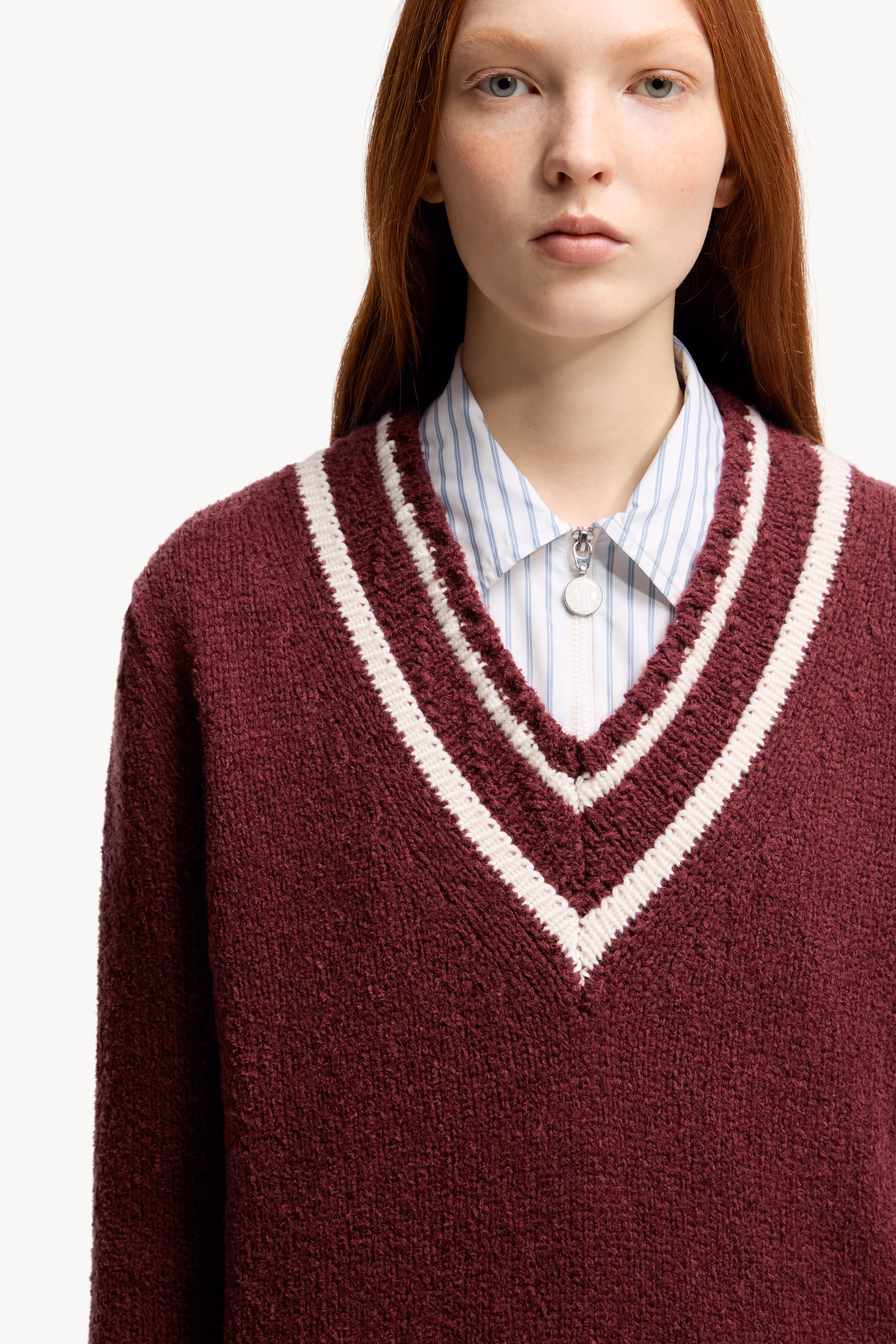 Padded V-Neck Cotton & Wool Blend Sweater Women Burgundy Moncler 6
